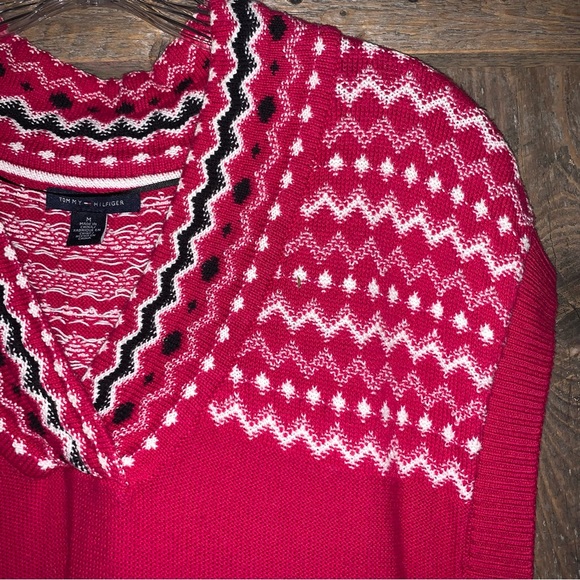 Women’s M TOMMY HILFIGER Red Raspberry Nordic Knit V-Neck Tunic Sweater Vest EXC - Picture 6 of 13